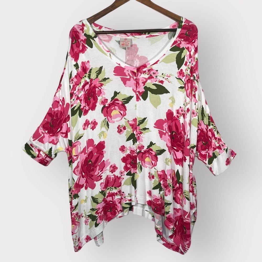 Laurie Felt Floral V-Neck Top Womens MP/LP Pink Green Ribbed Knit Excellent